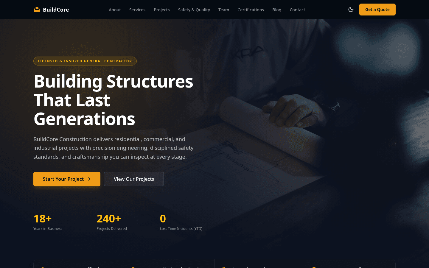 BuildCore Construction homepage
