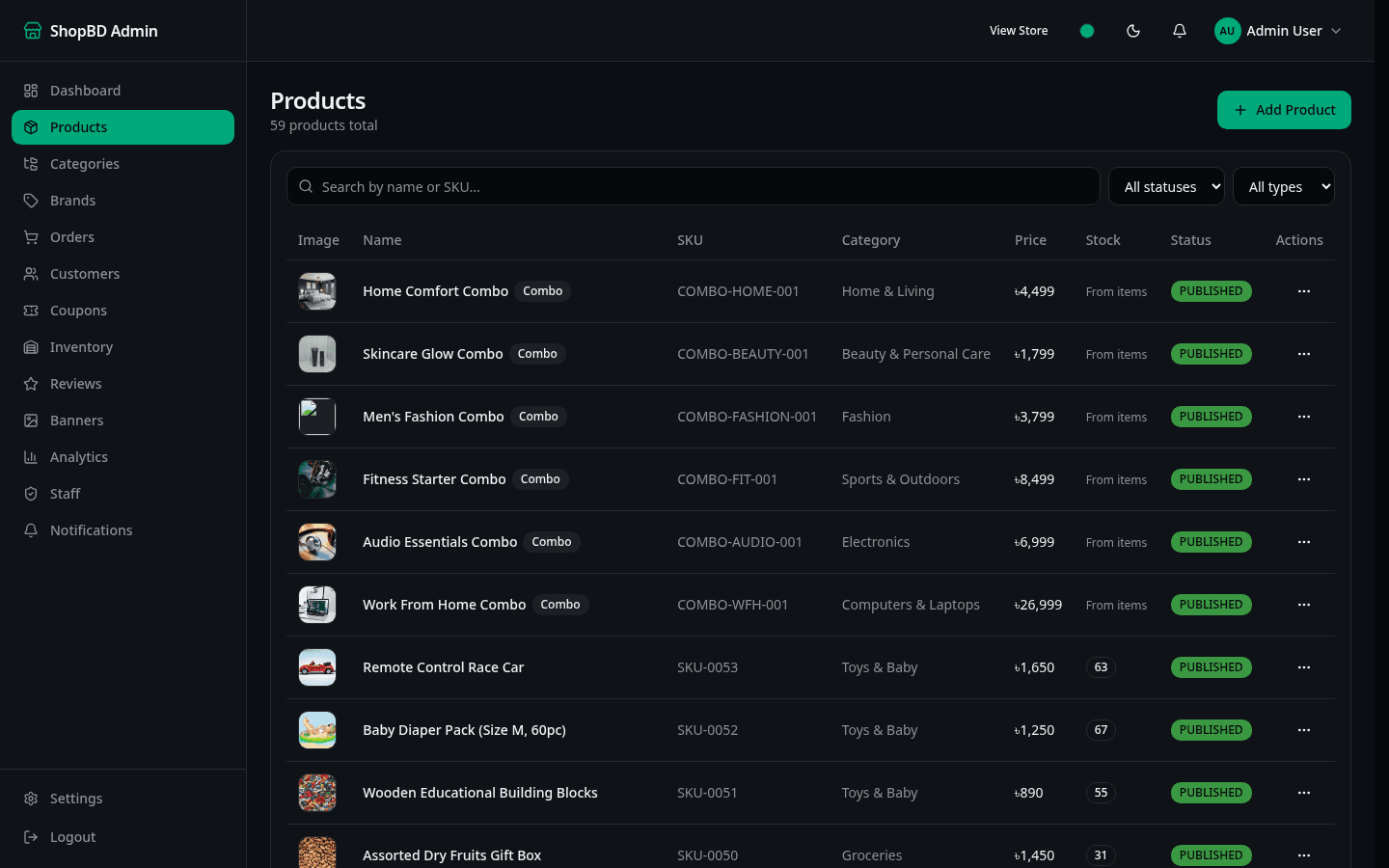 Admin — products & combo stock